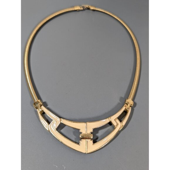 Trifari Cream Enamel Omega Chain Choker Necklace 16" Art Deco - Picture 3 of 11